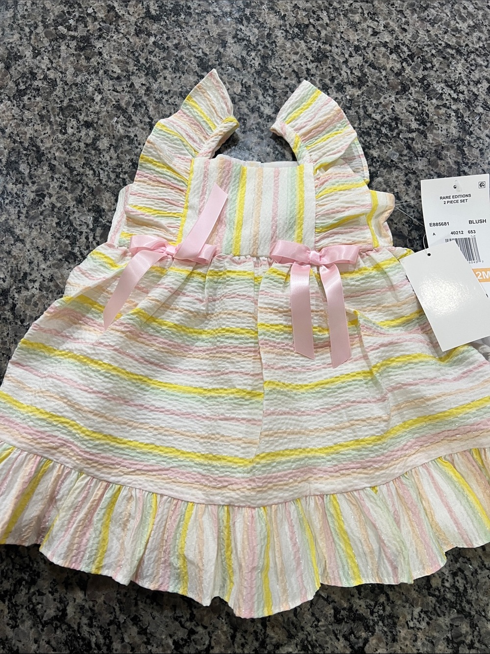 NWT Rare Edition Striped Pastel Ruffle Baby Dress with Pink Bows